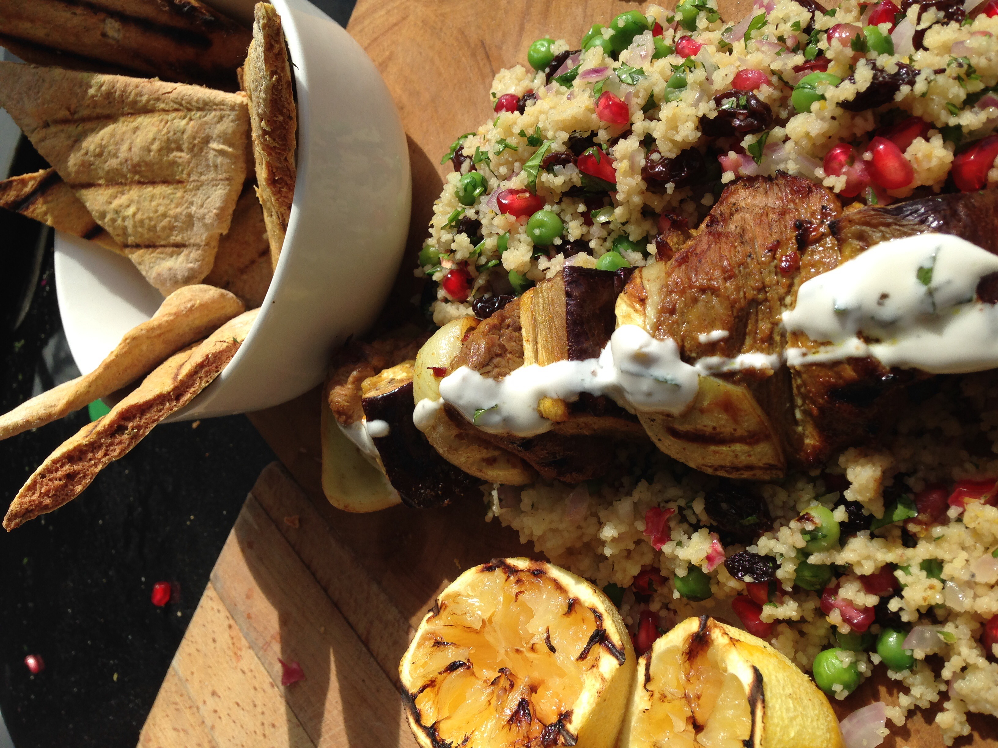 Richard Fox’s Moroccan Lamb Skewers, Jewelled Cous Cous & Flat Bread